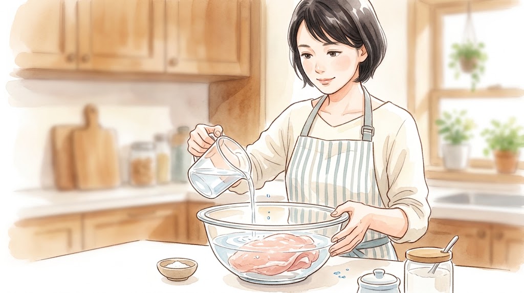 30代日本人女性が透明なボウルで鶏胸肉をブライン液（砂糖、塩、水）に浸す様子。温かみのある水彩画風で、プルプルの状態へと変化させる様子を描写。