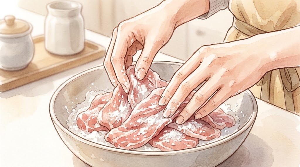 片栗粉や小麦粉をまぶして保水する技