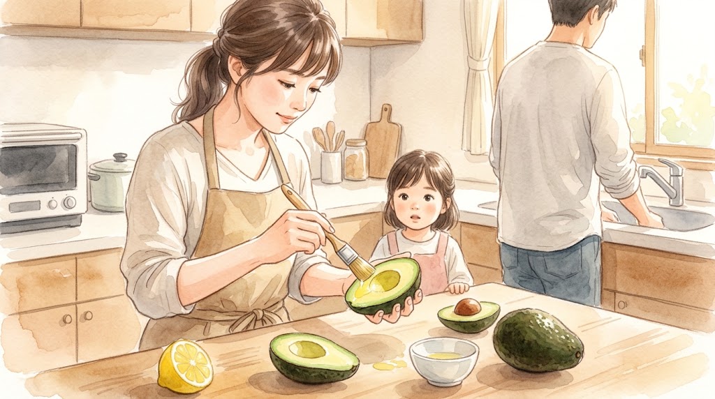 切ってしまったアボガドの切り口に変色防止のレモン汁を塗る女性の手元。背景に家族がいる温かい水彩画風のキッチン。