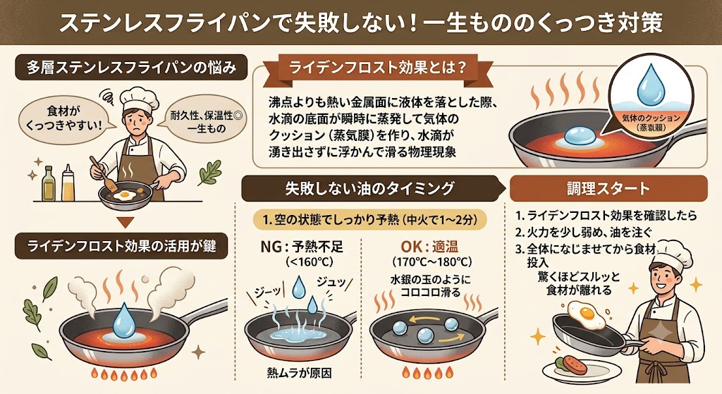 ステンレスフライパンで失敗しない油のタイミング