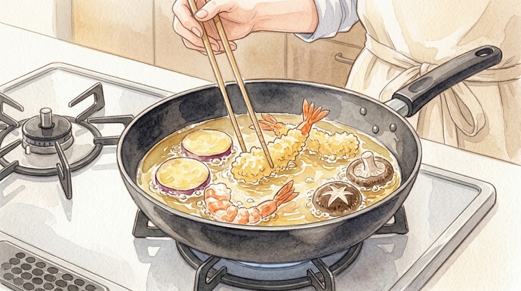 フライパンを使い、少量の油でえびや野菜の天ぷらを揚げ焼きにする主婦の手元の水彩画風イラスト。油が跳ねる様子も描写。