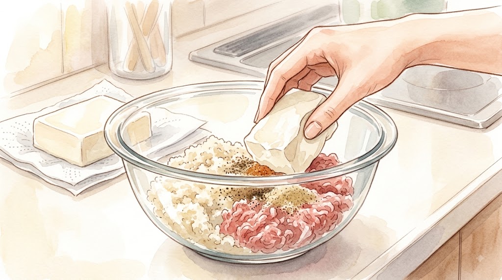 おからハンバーグのタネに軽い水切りの絹ごし豆腐を追加する下ごしらえの様子を描いた水彩画