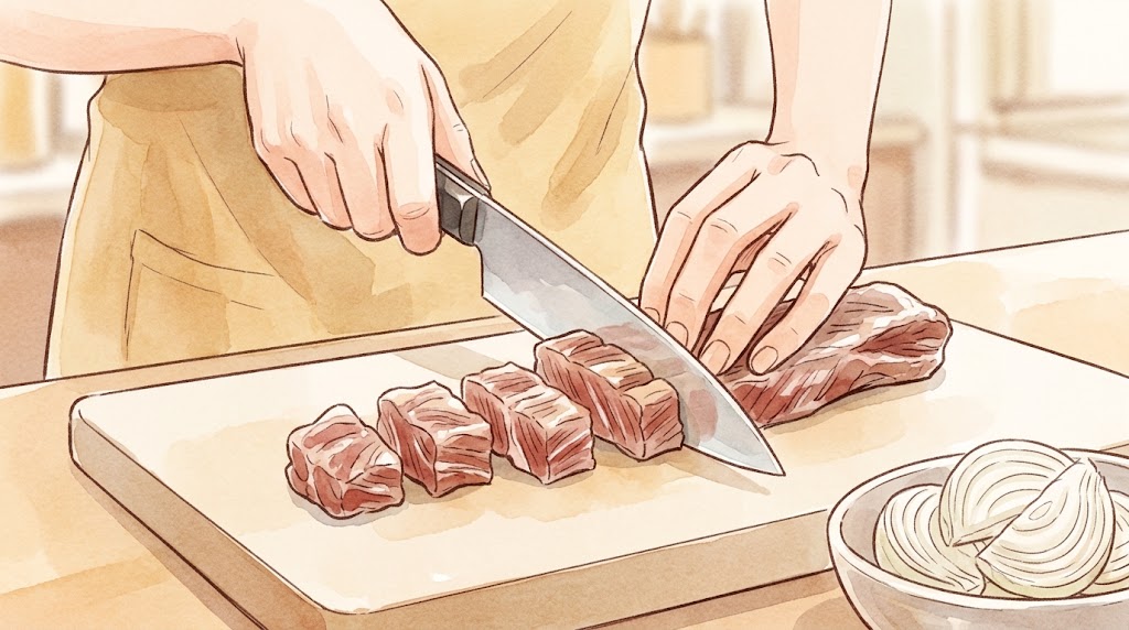 牛すじカレーを柔らかく仕上げる切り方のコツ。下茹で後に繊維に対して垂直に包丁を入れ、一口大にカットする様子。