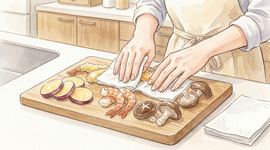 キッチンペーパーを使い、えびや野菜など天ぷらの具材の水気を丁寧に拭き取る日本人女性の手元の水彩画風イラスト。