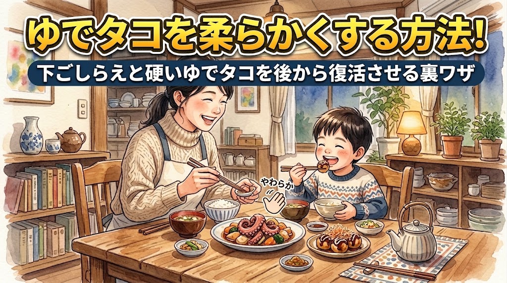 柔らかいタコ料理をごちそうとして笑顔で美味しく食べる母親と子どもの食卓風景