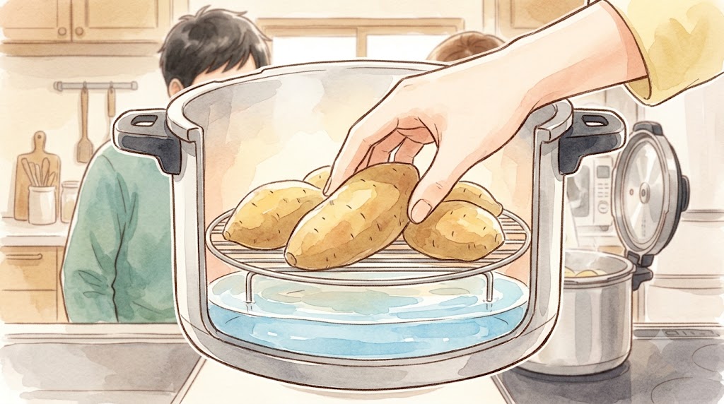 温かみのある水彩画。圧力鍋の内部で、蒸し皿の上にさつまいもを並べ、底に1〜2cm程度の少量の水を張った様子を示すイラスト。人物なし。