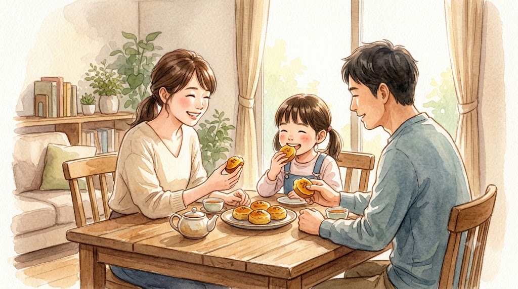 焼き上がったスイートポテトを家族3人（30代夫婦と小学生の娘）で仲睦まじく食べる様子を、温かみのある水彩画風で描写。手作りおやつがもたらす幸福な時間。