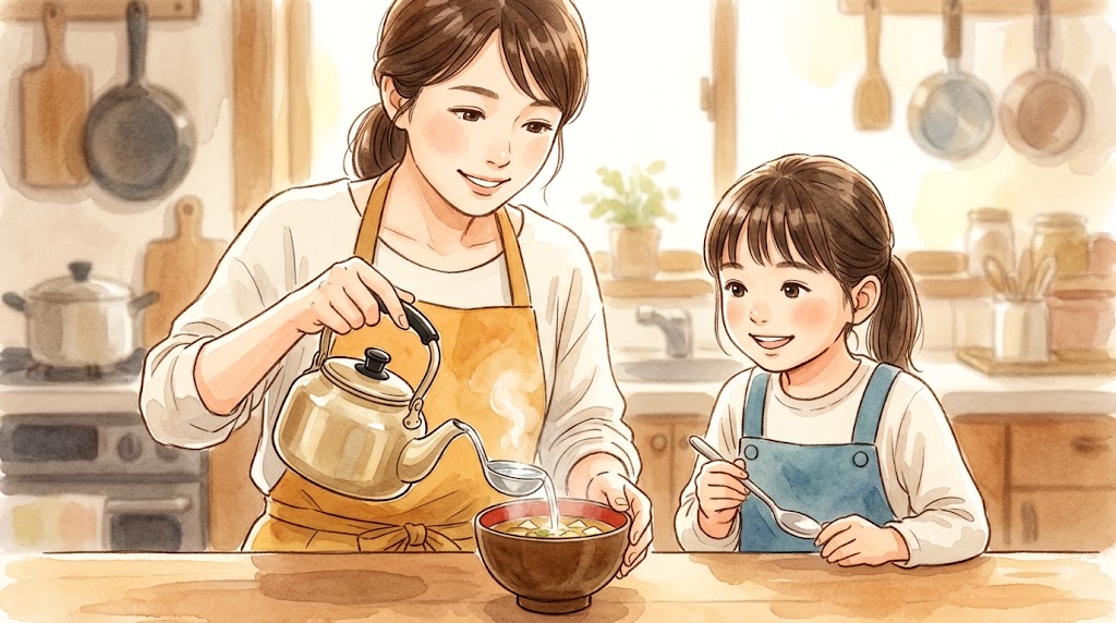 忙しいキッチンで、温かいお湯をお玉一杯分味噌汁に加え、味を調整する日本人の母親。隣で見守る娘と温かい雰囲気。