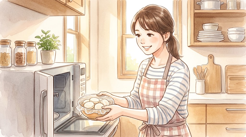 温かみのある水彩画。30代の日本人主婦がキッチンで、輪切りの大根が入った耐熱皿を電子レンジに入れている様子。ふんわりとラップがかけられ、これから加熱下ごしらえが始まる。