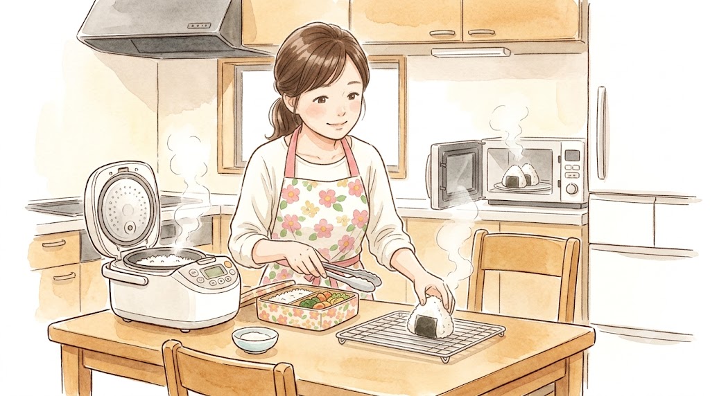 温かみのある水彩画。朝のキッチンで、日本人の主婦が冷凍おにぎりをレンジ加熱し、お弁当箱に詰める前にバットの上で冷ましている様子。
