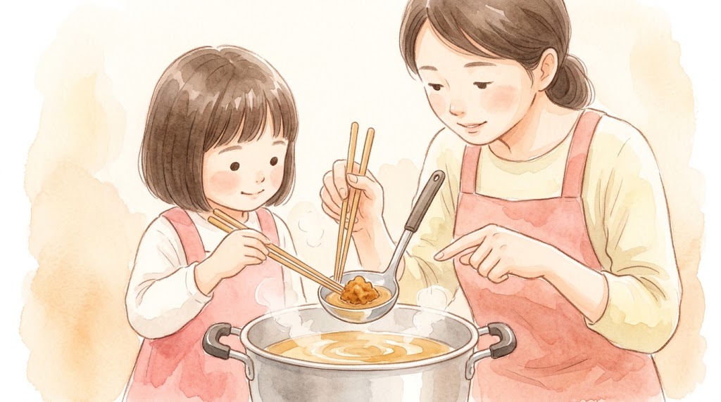 日本人女性がおたまで味噌を丁寧に溶かす様子を、娘が見守る、温かみのある水彩画。