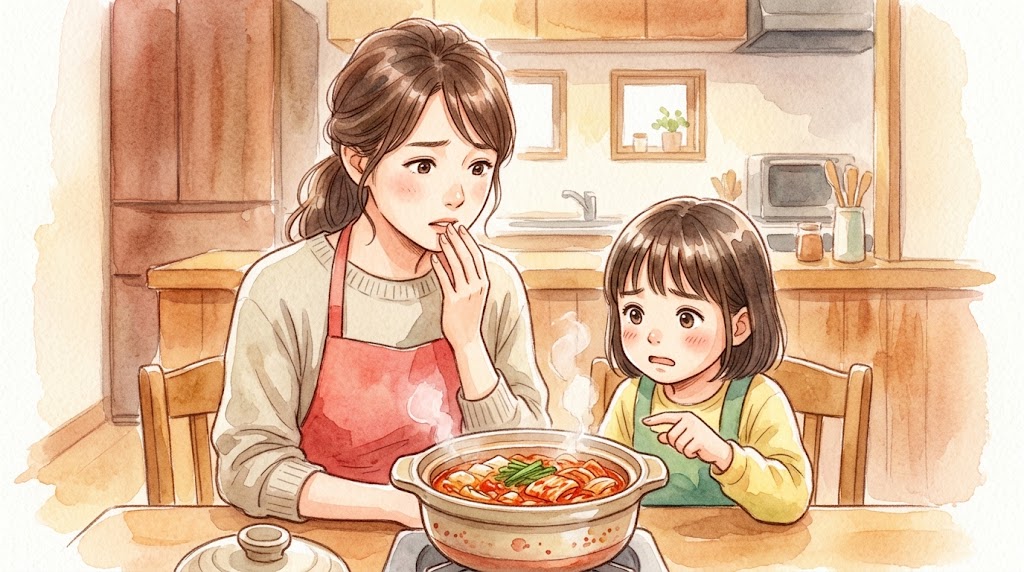 辛すぎるキムチ鍋を前に困り顔を浮かべる母親と子どもの水彩画風イラスト
