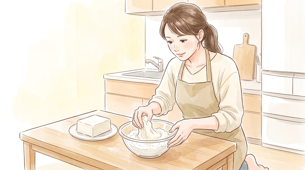 米粉と絹ごし豆腐を混ぜ、手で崩しながらこねて柔らかい団子生地を作る30代日本人主婦。温かみのある水彩画風。