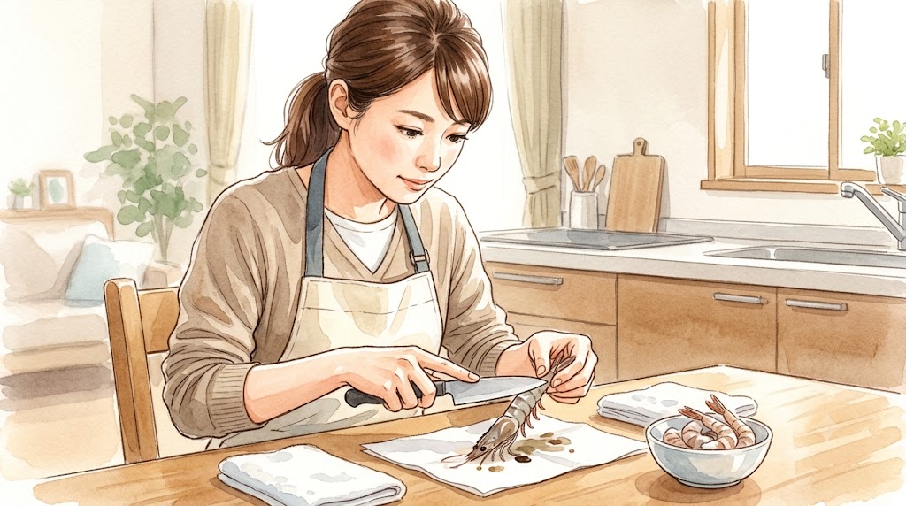 生エビの下ごしらエで、尾の先端を切り落とし水分を押し出す30代の日本人女性主婦。温かみのある水彩画風。