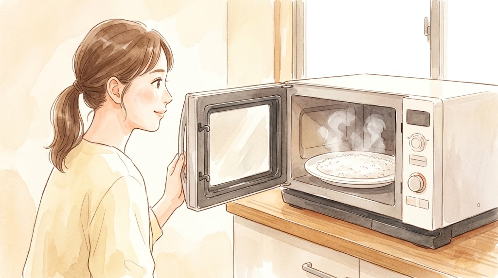 30代日本人主婦が家庭キッチンで電子レンジのドアを開け、耐熱皿に薄く広げたご飯を確認している。ご飯から蒸気が立ち上る様子を描いた温かみのある水彩画。
