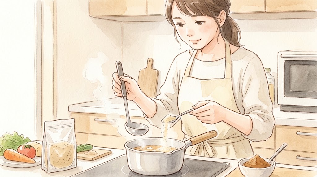 日本人主婦がキッチンで笑顔で和風だしの素を手に持ち、味噌汁のFAQについて解説する様子を描いた、温かみのある水彩画。