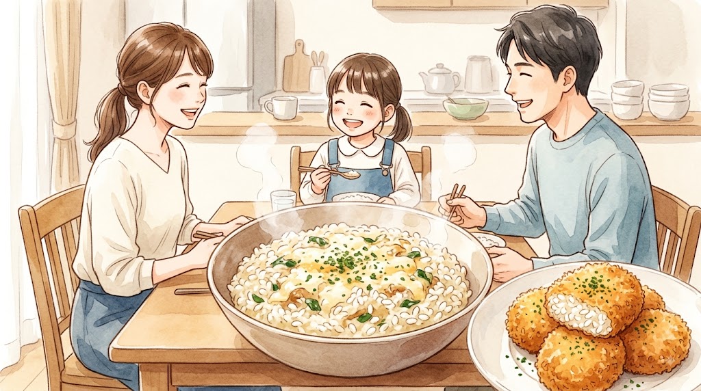 木目のテーブルを囲む笑顔の日本人家族3人(30代夫婦と小学生の娘)。テーブル中央には、べちゃべちゃご飯をリメイクした、湯気の立つ濃厚チーズリゾットとサクサクのライスコロッケが並んでいる。温かみのある水彩画