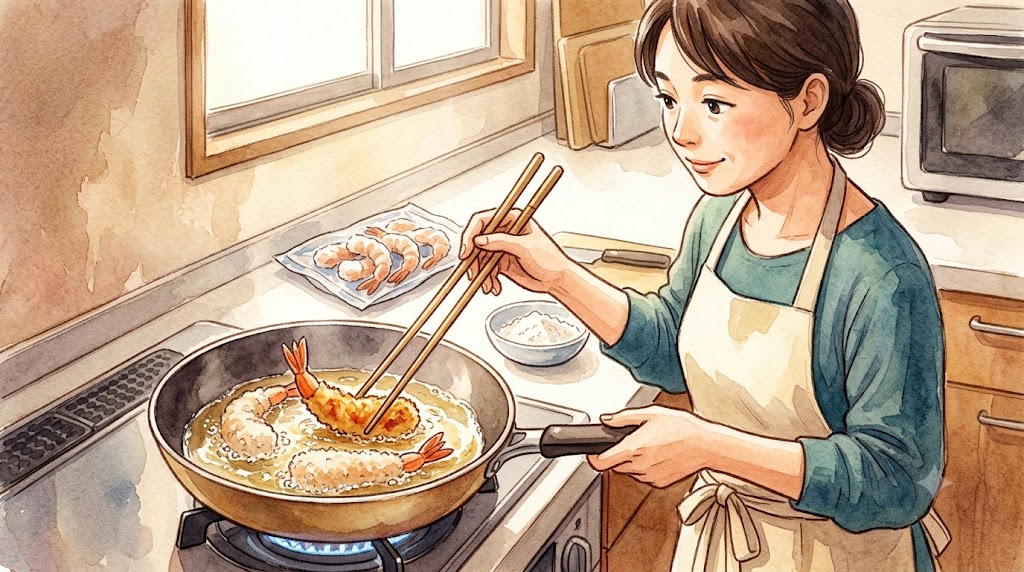 フライパンを使い、少ない油で冷凍エビフライを揚げ焼きにする30代の日本人女性主婦。きつね色に焼ける様子。温かみのある水彩画風。
