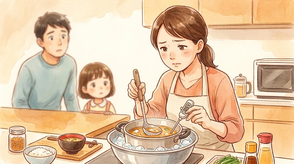 お味噌汁の鍋を氷水に浸し、おたまで底からかき混ぜて急速冷却する日本人主婦。雑菌繁殖を防ぐための、粗熱を取る正しい手順の実践。