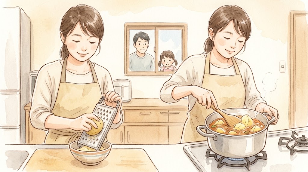 温かみのある水彩画で、日本の主婦がキッチンで、おろし金を使って生じゃがいもをすりおろす下ごしらえと、鍋の中で煮崩れたじゃがいもをお玉でつぶす、2つの天然とろみ復活術を実践している様子。