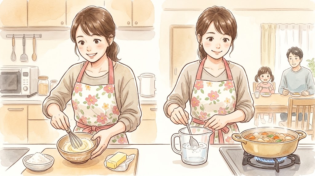 温かみのある水彩画で、日本の主婦がキッチンで、小麦粉とバターを練り合わせたブールマニエと、水で溶いた片栗粉の2種類のとろみ調整用下ごしらえを準備している様子。