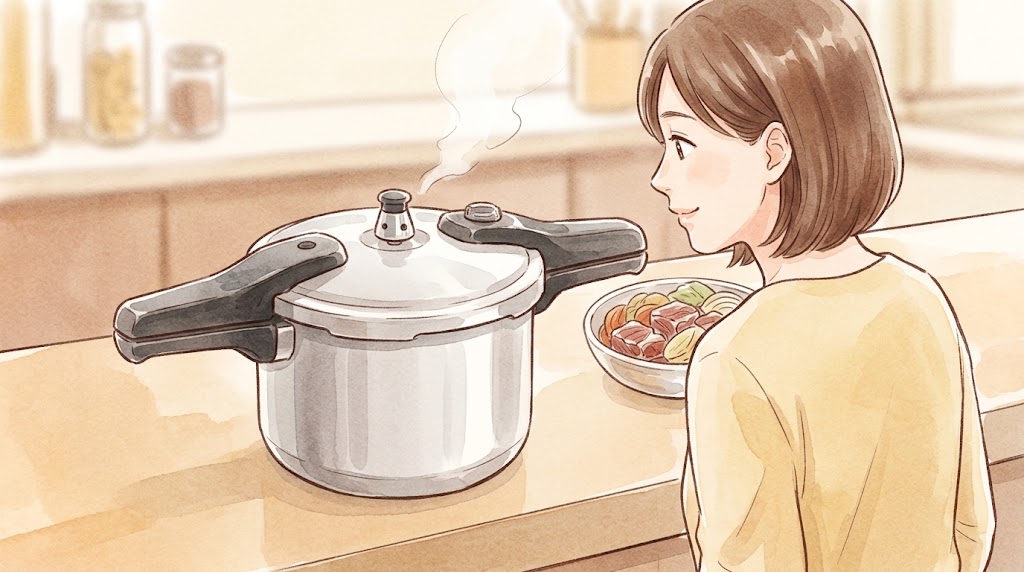 圧力鍋を活用した牛すじカレーの時短調理。加圧が終わり、自然減圧を待つ様子。