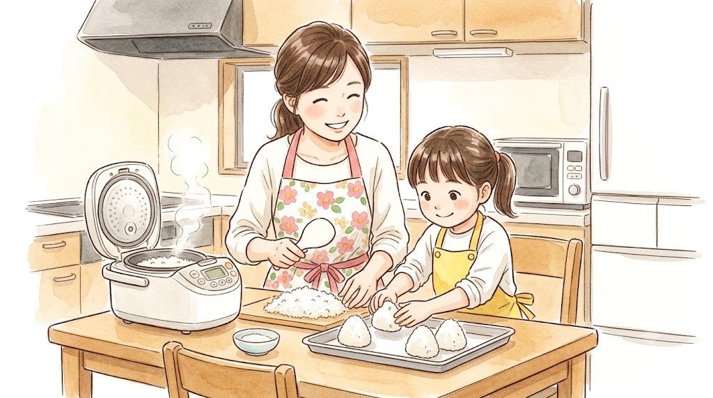 温かみのある水彩画で描かれた、週末に自宅のキッチンで笑顔で冷凍用のおにぎりを作る日本人の30代主婦と小学生の娘の様子。