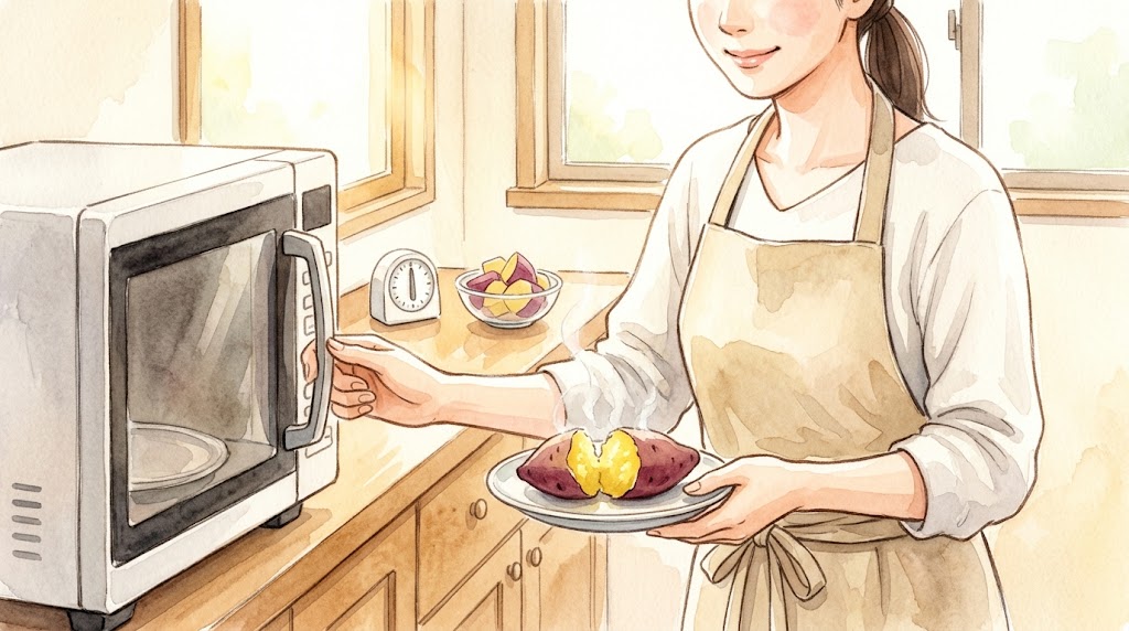 電子レンジから、しっとりと蒸し上がったさつまいもを笑顔で取り出す30代の日本人主婦を温かみのある水彩画風で描写。時短でも美味しく仕上げるコツ。