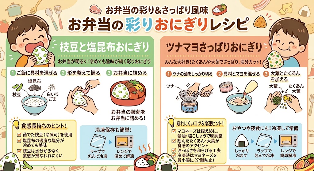 枝豆と塩昆布の彩り鮮やかおにぎり