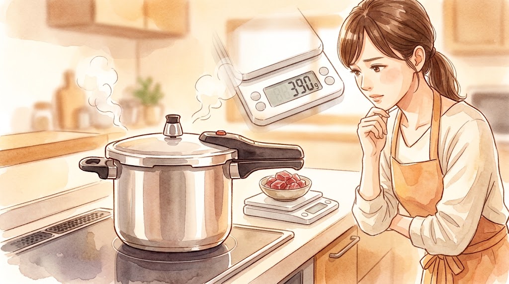 圧力鍋とキッチンタイマーを使い、牛すね肉カレーの調理時間を管理する様子。