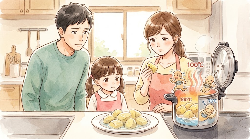 温かみのある水彩画。圧力鍋の内部で、高温(100℃以上)により甘み成分を作る酵素(β-アミラーゼ)が失活し、さつまいもが十分に甘くならない様子を模したイラスト。人物なし。