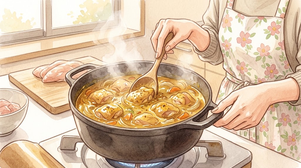 鋳物ホーロー鍋の中で、カレーソースに浸かった鶏肉が極弱火で静かに煮込まれている様子。
