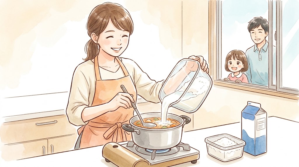 日本人の主婦が、水で溶いたダマになりにくい米粉を、優しく混ぜながら温かいシチュー鍋に加え、滑らかなとろみを復活させている下ごしらえの様子。