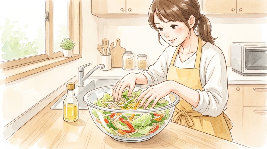 切った野菜に油をまぶしてコーティングする下ごしらえ