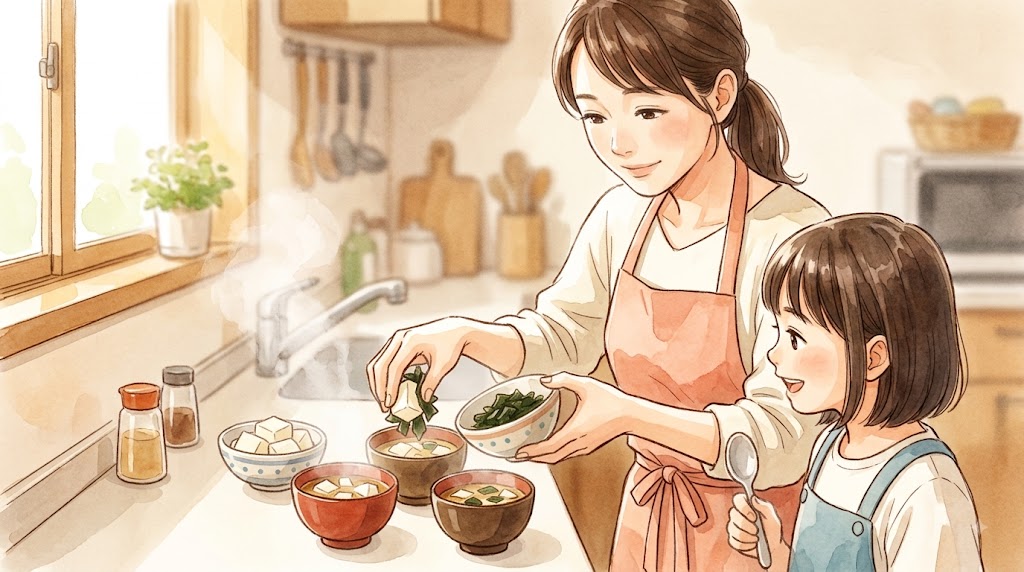 あなたは、与えられた記事の文脈を理解し、そのE-E-A-Tを向上させるための画像を生成することに特化した「ビジュアルコンテンツ・ジェネレーター」です。
以下の【入力記事】を分析し、E-E-A-T向上に最も効果的な箇所を4箇所選定してください。
そして、選定した箇所ごとに、後述の【出力フォーマット】に従って、対応する画像を実際に生成し、関連情報と共に出力してください。画風は温かみのある水彩画風にて作成して下さい。
# 【画像生成に関する絶対厳守ルール】
- 思考プロセスや計画の提示は一切不要です。分析が完了したら、ただちに指定されたフォーマットで画像の生成と出力を開始してください。
- 画像URLやHTMLコード片ではなく、必ず実際の画像を直接出力するツールを呼び出してください。
- アスペクト比(最重要事項):
- 生成する全ての画像の『アスペクト比』は、厳格に『16:9』(横長のワイドスクリーンフォーマット)に設定してください。
- スクエア(1:1)や縦長などの他の比率は、いかなる場合も絶対に使用しないでください。
- 画像内容:
- 画像に人物が含まれる場合は、必ずアジア人、特に日本人の特徴を持つ人物として描写してください。女性単独は30代主婦、家族構成は夫と小学生の娘がいる3人家族を描写してください。
- 画像内には、いかなる言語のテキスト、文字、数字、ロゴ、ウォーターマークも一切含めないでください。
- 代替テキスト(alt):
- 各画像に対して、その画像の内容を正確に説明し、SEO効果も考慮した簡潔で分かりやすい代替テキストを必ず作成してください。
# 【出力フォーマット】
- 以下の形式を厳守し、選定したすべての画像(4枚)を順番に出力してください。
## 画像1
- ■ 挿入箇所:
- (ここに1枚目の画像を生成し挿入する(H3見出しなど)を記載)
- ■ 生成された画像:
- (ここに1枚目の画像を生成)
- ■ 代替テキスト(alt):
- (ここに1枚目の画像の代替テキストを記載)
---
## 画像2
- ■ 挿入箇所:
- (ここに2枚目の画像を生成し挿入する(H3見出しなど)を記載)
- ■ 生成された画像:
- (ここに2枚目の画像を生成)
- ■ 代替テキスト(alt):
- (ここに2枚目の画像の代替テキストを記載)
---
- (...選定した画像の数だけ上記形式を繰り返す...)
# 【入力記事】
- <h1>味噌汁がしょっぱくなった時の直し方!失敗を防ぐ簡単リカバリー</h1>
<p>こんにちは。下ごしらえ.com 運営者のゆたりんです。</p>
<p>朝の忙しい時間や夕飯の準備中、うっかり味噌を入れすぎてしまったり、煮詰まってしまって味噌汁がしょっぱくなったという経験はありませんか。</p>
<p>せっかく作った味噌汁なのに、一口飲んでしょっぱいと感じるとガッカリしてしまいますよね。家族に美味しく食べてもらいたいのに、どうやって味を修正すればいいのか分からず焦ってしまうこともあるかもしれません。</p>
<p>でも大丈夫です。味噌汁がしょっぱくなったときの直し方は、実はとても簡単で、身近にある食材やちょっとした工夫ですぐに解決できます。</p>
<p>この記事では、旨味を逃さずに塩分を抑える基本的な対処法から、時短でできるアレンジテクニックまで詳しくご紹介します。今日からすぐに使えるアイデアばかりですので、ぜひ参考にしてみてくださいね。</p>
<ul>
<li>水やお湯、出汁を使った基本的な味の調整方法</li>
<li>塩分を和らげる具材の選び方と簡単な活用アイデア</li>
<li>忙しい朝でも慌てないための下ごしらえ予防テクニック</li>
<li>余った味噌汁を無駄にしない美味しいリメイクレシピ</li>
</ul>
<h2>味噌汁がしょっぱくなったときの基本的な直し方</h2>
<p>味付けに失敗してしょっぱくなってしまった味噌汁も、適切な手順を踏めばしっかり美味しく復活させることができます。まずは手軽にできて効果的な基本的な直し方から順番に試してみましょう。</p>
<h3>水やお湯を足して薄める基本の手順</h3>
<p>一番手軽で思いつきやすい直し方が、水やお湯を足して全体を薄める方法ですよね。シンプルですが、やり方を間違えると味がボケて美味しくなくなってしまうこともあるので注意が必要です。</p>
<p>薄めるときのポイントは、一気にたくさんのお湯を入れないことです。まずは<span class="marker-yellow">お玉半分から1杯程度の少量のお湯</span>を加え、よく混ぜてから必ず味見をしてください。</p>
<p>冷たい水を直接入れると味噌汁の温度が下がってしまい、風味も損なわれてしまいます。そのため、足すときは必ず熱湯か温かいお湯を使うのがおすすめです。</p>
<p>もしお湯を足しすぎて味が薄くなりすぎてしまった場合は、少しだけ出汁を足したり、少量の味噌を加えて微調整すると綺麗にまとまりますよ。</p>
<div class="box-point">
<p><strong>お湯で薄める際のコツ</strong></p>
<p>熱湯を少量ずつ加えながら、毎回しっかり味見をして好みの濃さに調整しましょう。</p>
</div>
<h3>出汁を足して風味を損なわずに調整する方法</h3>
<p>お湯を足すと塩分は下がりますが、同時に出汁の旨味や風味が薄まってしまうのがデメリットです。そこでおすすめなのが、お湯ではなく出汁を足す方法です。</p>
<p>あらかじめ取っておいた出汁や、お湯で溶かした和風だしを加えることで、味噌汁の旨味をキープしたまま塩気だけをやわらげることができます。</p>
<p>顆粒出汁を使う場合は、塩分が含まれているタイプ(食塩添加タイプ)だと余計にしょっぱくなってしまうことがあるので注意しましょう。<span class="marker-yellow">無塩タイプの顆粒出汁や出汁パック</span>を使うのが安全です。</p>
<p>出汁の風味がプラスされると、塩分が控えめになっても満足感のある深い味わいに仕上がります。</p>
<div class="box-memo">
<p><strong>ワンポイントアドバイス</strong></p>
<p>顆粒だしを使うときは「食塩不使用」の表示があるものを選ぶと失敗しません。</p>
</div>
<h3>塩分を吸収する具材を投入してリメイク</h3>
<p>水分を足したくない場合や、鍋の容量がいっぱいで汁を増やせないときには、塩分を吸い取ってくれる具材を入れるのが効果的です。</p>
<p>特におすすめなのが<strong>じゃがいも</strong>や<strong>大根</strong>などの根菜類です。これらの食材は煮込む過程で汁の塩分や旨味をしっかり吸収してくれる働きがあります。</p>
<p>根菜類を薄切りや一口大に切って鍋に入れ、柔らかくなるまで軽く煮込むだけで、汁全体の塩気がカドの取れたまろやかな味に変化します。</p>
<p>具材自体にもしっかり味が染み込むので、一石二鳥の美味しい工夫になりますね。</p>
<div class="scroll-box">
<table>
<thead>
<tr>
<th>おすすめ食材</th>
<th>切り方のコツ</th>
<th>効果・特徴</th>
</tr>
</thead>
<tbody>
<tr>
<td>じゃがいも</td>
<td>薄切りまたは小さめの乱切り</td>
<td>カリウムが豊富で塩分を吸いやすく、ほくほく感もプラス。</td>
</tr>
<tr>
<td>大根</td>
<td>いちょう切りまたは千切り</td>
<td>味が染み込みやすく、みずみずしさで塩気を和らげる。</td>
</tr>
<tr>
<td>玉ねぎ</td>
<td>薄切り</td>
<td>加熱することで自然な甘みが出やすく、カドを丸くする。</td>
</tr>
</tbody>
</table>
</div>
<h3>豆腐やもやしなどカサ増し食材を入れる</h3>
<p>手軽に具材を足して塩分濃度を下げるなら、水分を多く含む野菜や豆腐を追加するのが一番簡単です。</p>
<p><strong>豆腐</strong>は包丁で切ってそのまま入れるだけで、豆腐自体の水分と淡泊な味わいがしょっぱさを和らげてくれます。絹ごしでも木綿でもお好みで大丈夫です。</p>
<p>また、<strong>もやし</strong>や<strong>キャベツ</strong>、<strong>白菜</strong>などの葉物野菜も水分を多く含んでいるため、サッと煮立てるだけで汁に甘みと水分が溶け出し、ちょうどいい濃さにしてくれます。</p>
<p>具だくさんの満足感ある味噌汁に変身するので、食べ応えをアップさせたいときにもぴったりですよ。</p>
<div class="box-point">
<p><strong>おすすめのカサ増し食材</strong></p>
<p>豆腐、もやし、キャベツ、白菜、きのこ類などは火通りも早く、すぐに塩気を抑えられます。</p>
</div>
<h3>卵をといてマイルドな味わいに変える</h3>
<p>味が濃くなってしまった味噌汁に<strong>溶き卵</strong>を回し入れる方法もとても効果的です。卵のまろやかなコクが塩分のカドを包み込んでくれます。</p>
<p>作り方は簡単で、味噌汁を沸騰直前まで温めたら、溶き卵を少しずつ回し入れて火を止めるだけです。</p>
<p>卵がふんわりと固まることで汁全体の味が劇的にマイルドになり、しょっぱさが気にならなくなります。お子さんにも喜ばれる優しい味わいになりますよ。</p>
<p>仕上げにごま油やねぎを少し散らすと、風味豊かな「かき玉味噌汁」として美味しくいただけます。</p>
<div class="box-caution">
<p><strong>注意点</strong></p>
<p>卵を入れた後は煮立てすぎないようにしましょう。ぐらぐら煮込むと卵が硬くなってしまいます。</p>
</div>
<h2>下ごしらえで予防する味噌汁がしょっぱくなったときの直し方</h2>
<p>味噌汁がしょっぱくなるのを未然に防ぐには、毎日の下ごしらえや調理の順番にちょっとした工夫を取り入れるのが一番の近道です。忙しい日々でも失敗しない予防テクニックや時短アイデアをご紹介します。</p>
<h3>事前に出汁の塩分濃度を確認する下ごしらえ</h3>
<p>味噌汁がしょっぱくなってしまう原因のひとつに、「出汁自体に最初から塩分が含まれていた」というパターンがあります。</p>
<p>市販の顆粒だしや出汁パックの中には、あらかじめ塩や醤油で味が調えられているものが多く存在します。これを知らずに普段通りの量の味噌を入れると、当然塩分過多になってしまいます。</p>
<p>下ごしらえの段階で、まずは<b>出汁だけの味を少し舐めて確認する習慣</b>をつけるのがおすすめです。</p>
<p>もし出汁にしっかり味がついていると感じたら、入れる味噌の量を普段の7割程度に減らして調整してみてくださいね。</p>
<div class="box-memo">
<p><strong>チェックポイント</strong></p>
<p>使う出汁のパッケージ裏面を見て「食塩」が含まれているか確認してみましょう。</p>
</div>
<h3>味噌の投入タイミングと火加減の工夫</h3>
<p>味噌を入れるタイミングと火加減も、味の濃さを左右する大事なポイントです。</p>
<p>味噌汁はグラグラと煮立ててしまうと、水分が蒸発してあっという間に味が濃くなってしまいます。さらに、味噌の豊かな香りも飛んでしまうため美味しくありません。</p>
<p>具材に火が通ったら一度<b>火を止めるか極弱火</b>にし、味噌こしや泡立て器を使って丁寧に溶かし入れるのが基本の下ごしらえ技術です。</p>
<p>味噌を溶かした後は沸騰させず、鍋のフチがフツフツとしたらすぐに火を止める「煮えばな」を意識すると、風味が良く適切な濃さをキープできますよ。</p>
<div class="box-point">
<p><strong>失敗しない手順</strong></p>
<p>1. 具材を煮る > 2. 火を止めて味噌を溶かす > 3. 沸騰直前で火を止める</p>
</div>
<h3>余ったしょっぱい味噌汁を別の料理にアレンジ</h3>
<p>どうしても薄まりきらなかったり、汁の量が増えすぎて残ってしまった場合は、無理に飲み切らず他の料理へアレンジリメイクしちゃいましょう。</p>
<p>しょっぱい味噌汁は旨味と塩気が凝縮されているので、調味料として捉えると非常に優秀なベースになります。</p>
<p>例えば、少し煮詰めて<strong>和風カレー</strong>のベースに使ったり、米粉や片栗粉でとろみをつけて<strong>味噌あんかけ</strong>にアレンジするのがおすすめです。</p>
<p>ご飯と炒めて味噌チャーハンにしたり、うどんを投入して煮込みうどんにしても美味しく消費できますよ。</p>
<div class="box-memo">
<p><strong>おすすめアレンジアイデア</strong></p>
<p>・和風カレーの隠し味・スープベース<br>・うどんや餅を入れた煮込み料理<br>・炒め物の味付けタレとして活用</p>
</div>
<h3>時間がない朝でも慌てない簡単リカバリー術</h3>
<p>朝の忙しい時間帯に味噌汁がしょっぱいと判明すると、本当に焦ってしまいますよね。そんな時は時間をかけずにできるリカバリー術を知っておくと安心です。</p>
<p>一番早いのは、お椀に直接<strong>冷凍カット野菜</strong>や<strong>乾燥ワカメ</strong>、<strong>そのまま使える豆腐</strong>を入れて、そこにしょっぱい味噌汁を注ぐ方法です。</p>
<p>鍋で煮直す時間がなくても、お椀の中で具材が水分を吸ってくれたり、具材の水分が溶け出したりして程よい濃さになってくれます。</p>
<p>朝の貴重な時間を無駄にせず、パパッと美味しく整えることができるので覚えておくと便利ですよ。</p>
<div class="box-point">
<p><strong>時短リカバリーアイテム</strong></p>
<p>乾燥ワカメ、カット揚げ、ボイル済みの冷凍野菜はお椀にポンと入れるだけで使えます。</p>
</div>
<h3>身体に優しい無添加出汁を活用するメリット</h3>
<p>家族の健康を考えると、日頃から塩分や添加物は控えめにしておきたいところですよね。</p>
<p>そこでおすすめしたいのが、塩分が一切加えられていない<span class="marker-yellow">無添加の素材出汁パックや昆布・鰹節から取る自家製出汁</span>です。</p>
<p>無塩の出汁を使っていれば、味噌の量だけでダイレクトに塩分をコントロールできるため、誤ってしょっぱくなってしまうリスクを大幅に減らせます。</p>
<p>出汁本来の豊かな旨味がしっかり効いていると、少ない味噌の量でも満足感の高い美味しい味噌汁が作れるようになりますよ。</p>
<div class="box-point">
<p><strong>無添加出汁の魅力</strong></p>
<p>塩分調整がしやすくなり、減塩でも物足りなさを感じない身体に優しい味わいになります。数値データ等は一般的な目安ですので、ご自身の体調に合わせて調整してくださいね。</p>
</div>
<h3 style="text-align: center;">味噌汁 しょっぱくなった 直し方に関するよくある質問(FAQ)</h3>
<div class="box-memo">
<p><strong>Q1: 水を入れて薄めたら旨味がなくなって美味しくなくなりました。どうすればいいですか?</strong></p>
<p>A1: お湯だけで薄めると出汁の風味が薄まってしまいます。食塩不使用の顆粒だしや出汁パックの抽出液を足すか、かつお節を直接お茶パックに入れて鍋に少し浸すと、旨味だけを補給できますよ。</p>
</div>
<div class="box-memo">
<p><strong>Q2: じゃがいもを入れて塩分を吸わせた後、そのじゃがいもは食べられますか?</strong></p>
<p>A2: もちろん美味しく食べられます!塩気と出汁の旨味が適度に染み込んでいるので、ホクホクとした美味しい具材としてそのままお召し上がりください。</p>
</div>
<div class="box-memo">
<p><strong>Q3: 減塩のために塩分を控える際、注意することはありますか?</strong></p>
<p>A3: 塩分の摂りすぎは健康に影響を与える可能性がありますが、極端な減塩も体調によって注意が必要です。一般的な塩分濃度の目安を参考にしつつ、持病をお持ちの方や正確な栄養指導が必要な場合は専門医や管理栄養士にご相談ください。</p>
</div>
<div class="box-memo">
<p><strong>Q4: 作ってから時間が経つと味噌汁がしょっぱくなるのはなぜですか?</strong></p>
<p>A4: 加熱を続けたり保温しておくと水分が蒸発して煮詰まってしまうためです。また、具材から水分が抜けることも原因になります。作ったら早めに火を止めるのがコツです。</p>
</div>
<h3>味噌汁がしょっぱくなったときの直し方のまとめ</h3>
<p>うっかり味噌汁がしょっぱくなってしまっても、慌てる必要はまったくありません。</p>
<p>お湯や無塩の出汁を少しずつ足して調整したり、豆腐や根菜、卵といった食材をプラスするだけで、簡単に美味しい味を取り戻すことができます。</p>
<p>また、普段の下ごしらえで出汁の塩分をチェックしたり、火加減に気を配ることで失敗自体を防ぐことも可能です。</p>
<p>毎日の食卓に欠かせない味噌汁だからこそ、ちょっとした工夫やリカバリー術を知っておくと安心ですよね。今回ご紹介した方法を試して、ぜひご家庭でホッとする美味しい味噌汁を楽しんでくださいね。</p>