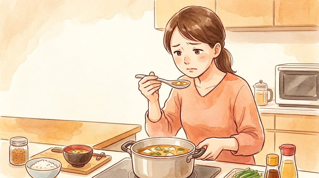 お味噌汁を一口すすり、すっぱい味に気づいて眉をひそめる日本人主婦（30代）。温かみのあるキッチンでの、腐敗の可能性を不安に思う瞬間。