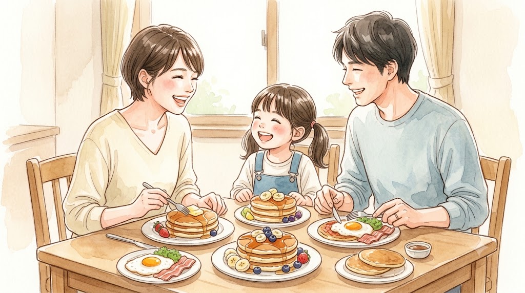 明るいダイニングテーブルで、無印良品の米粉パンケーキを使ったアレンジ朝食を楽しむ日本人家族（30代夫婦と小学生の娘）。手前にはほうれん草とチーズのお食事パンケーキプレート、奥には完熟バナナとココアの濃厚パンケーキが並び、家族が笑顔で食べている。温かみのある水彩画風。