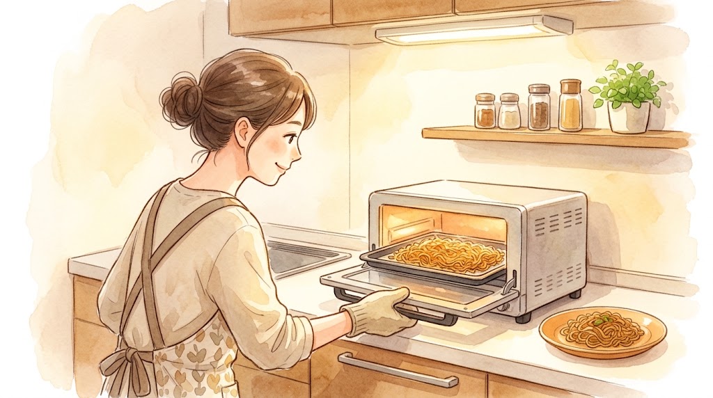 トースターを使って焼きそばをカリッと焼き直す様子を確認する30代日本人主婦。