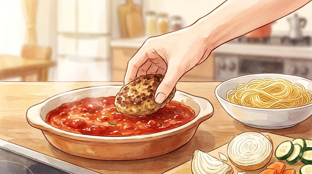 パサついたおからハンバーグをトマトソースで煮込みハンバーグにリメイクする料理工程の水彩画