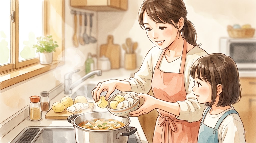 温かい雰囲気のキッチンで、味噌汁にカットしたじゃがいもと大根を入れる日本人の母親。具材が塩分を吸収し、まろやかな味になる様子を表現。