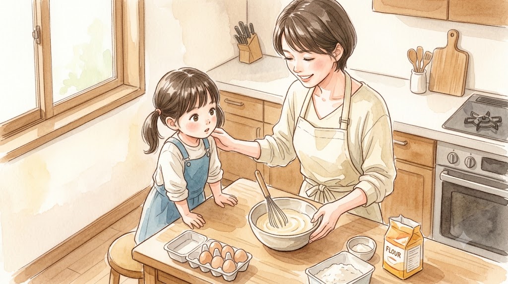 木目調の優しいキッチンで、30代の日本人主婦と小学生の娘が並んでボウルの中の米粉パンケーキ生地を見つめる様子。母が娘に優しく語りかけながら、混ぜ合わせた生地を数分間「休ませる」下ごしらえのコツを実践している。温かみのある水彩画風。
