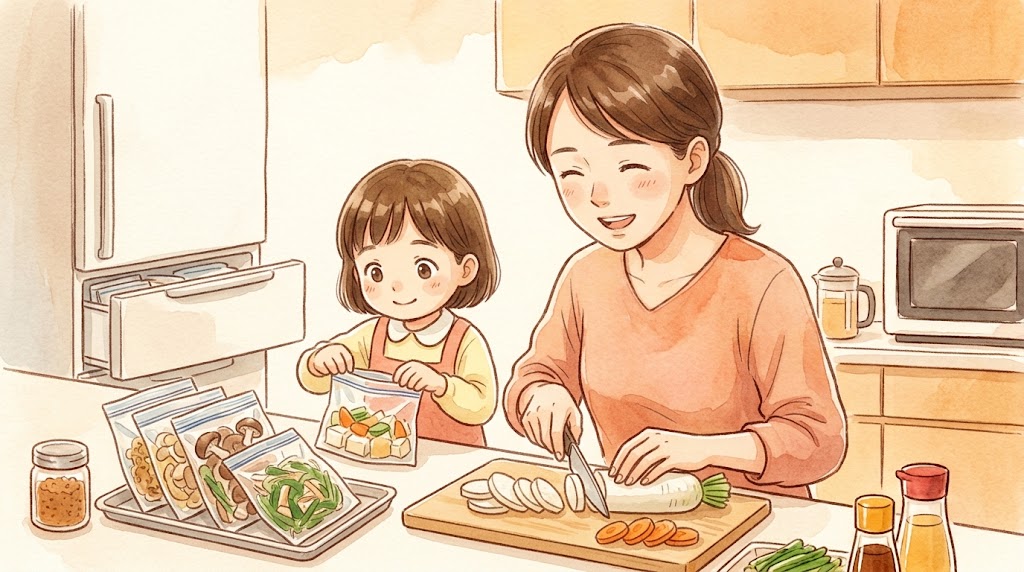 週末に、カットした野菜や油揚げを小分けにして冷凍保存袋（ジッパー付き）に詰める日本人母娘（30代と小学生）。朝の味噌汁作りを時短・安全にするための冷凍下ごしらえ術。