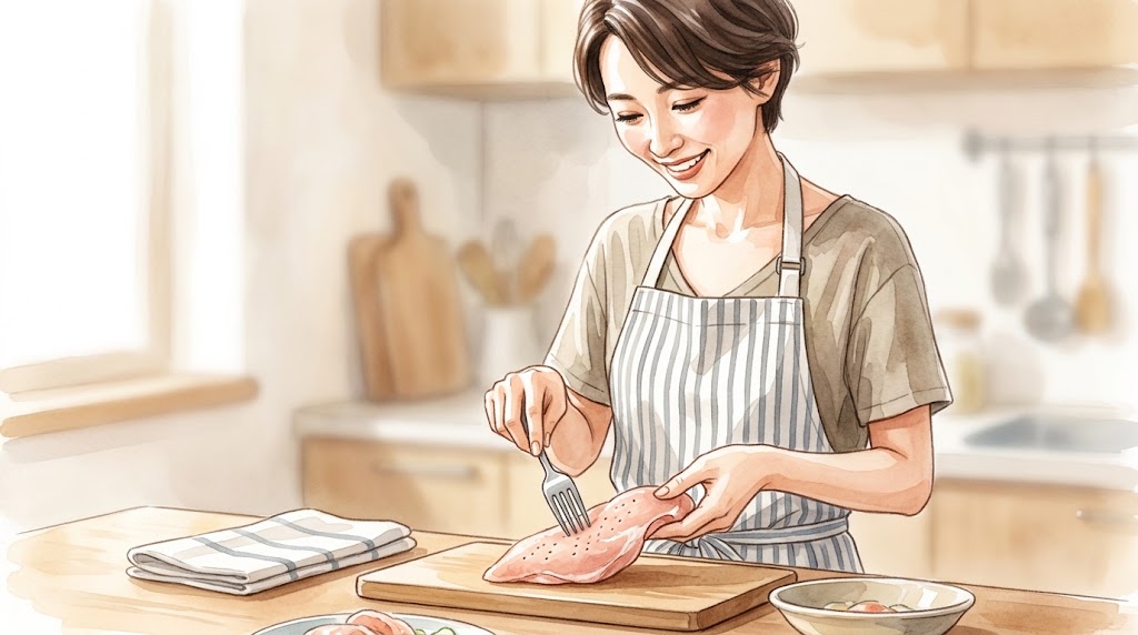 30代日本人女性（主婦）がキッチンで鶏胸肉の下ごしらえとしてフォークを刺す様子を、温かみのある水彩画風で描写。繊維をほぐし保水力を高める。