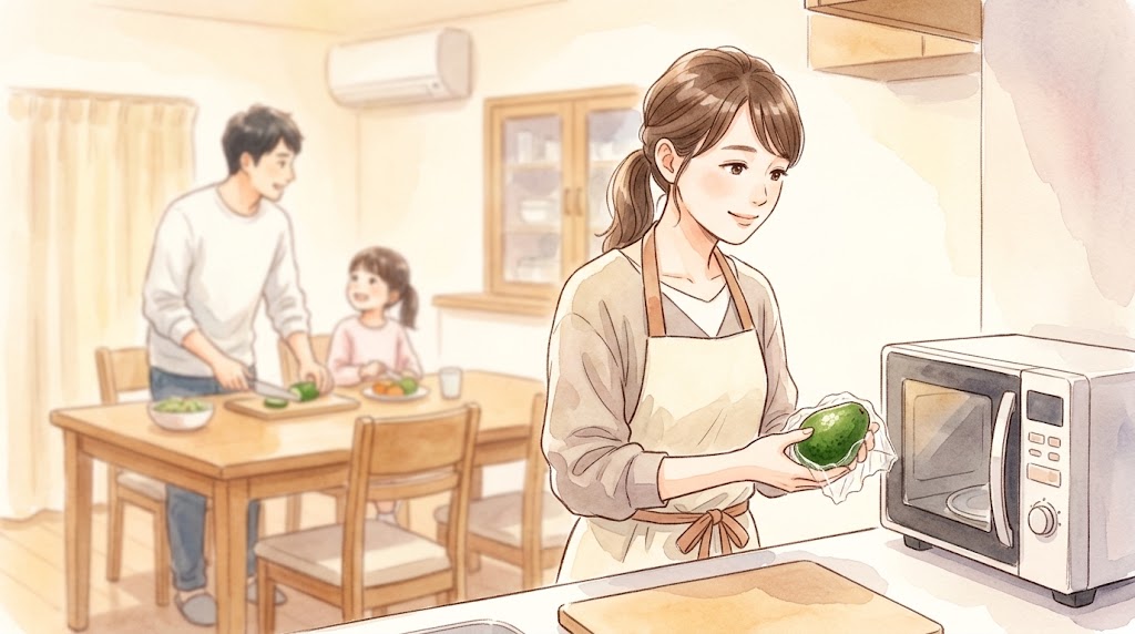 子レンジで加熱するためにラップで包んだアボガドを持つ女性。背景に家族がいる温かい水彩画風のキッチン風景。
