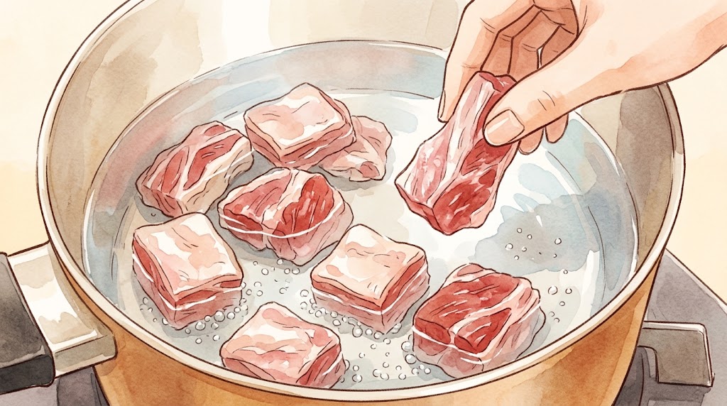 牛すじカレーが固くなる原因を解説。生の状態から水で茹で始める下茹で(茹でこぼし)の重要性を示す。