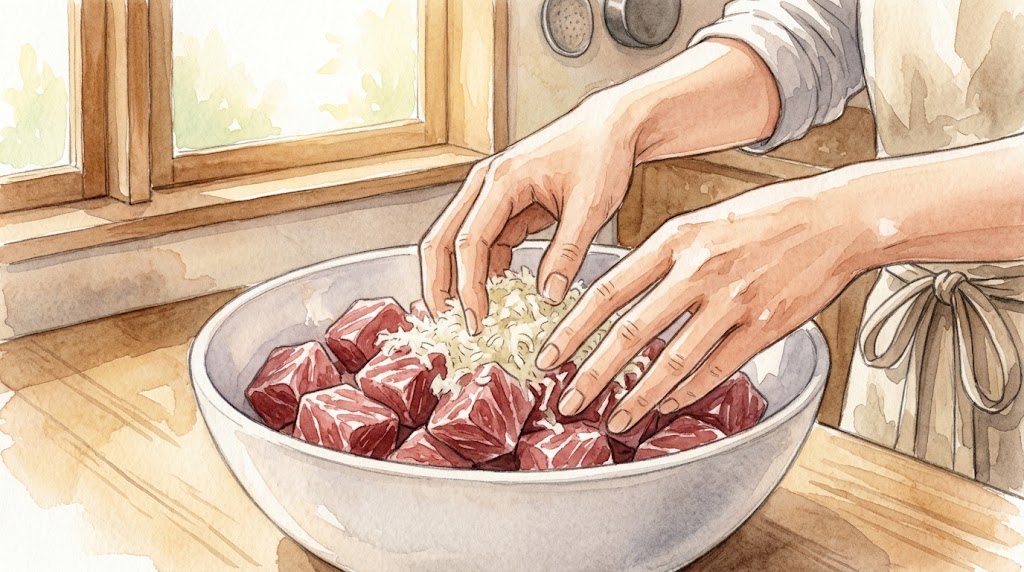 牛すね肉をすりおろし玉ねぎで漬け込む下ごしらえの様子。