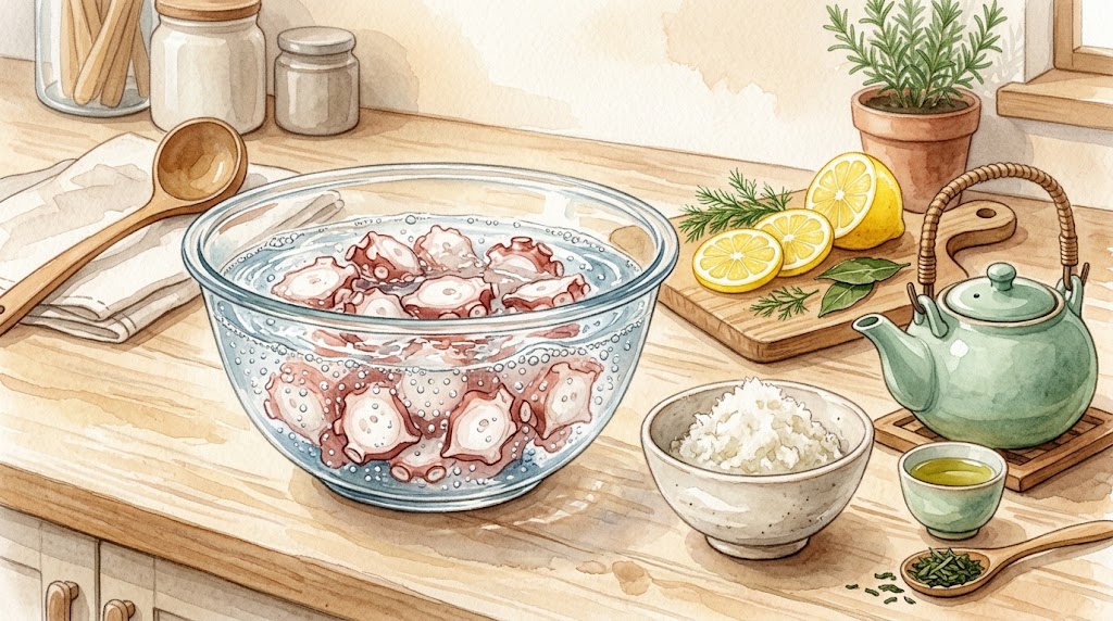 タコを柔らかくする炭酸水の浸け置きと大根おろしやレモンなどの下処理食材