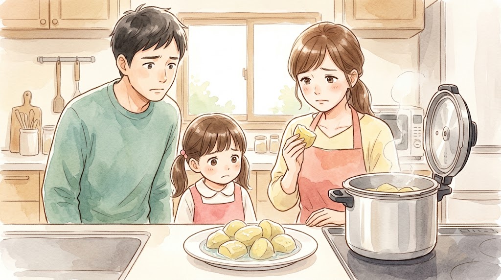 温かみのある水彩画風のキッチンで、圧力鍋で蒸したさつまいもが水っぽく甘くないことにガッカリする日本人主婦とその家族(夫と小学生の娘)。