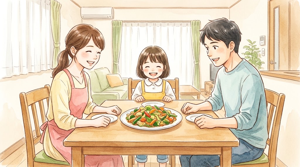 完成したシャキシャキの野菜炒めを囲む笑顔の日本人家族