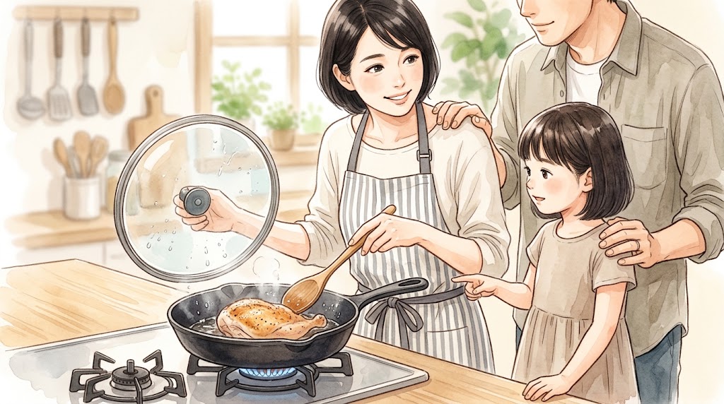 0代日本人女性がフライパンで鶏胸肉を焼く様子。温かみのある水彩画風で、強火を使わず蓋をして弱火で蒸し焼きにし、余熱で仕上げる工程を家族が見守る。
